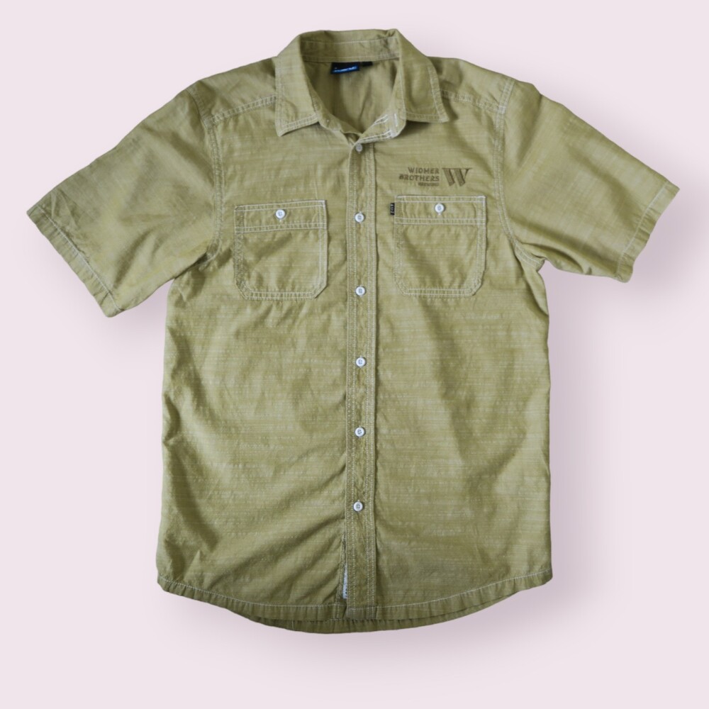 WIDMER BROTHERS BREWING KAVU Button Down Cotton Shirt Sz S Green Yellow Logo